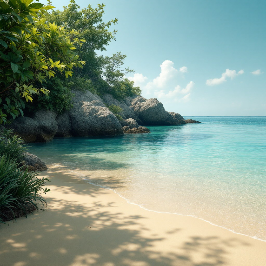 Enseada serena com água turquesa e vegetação tropical