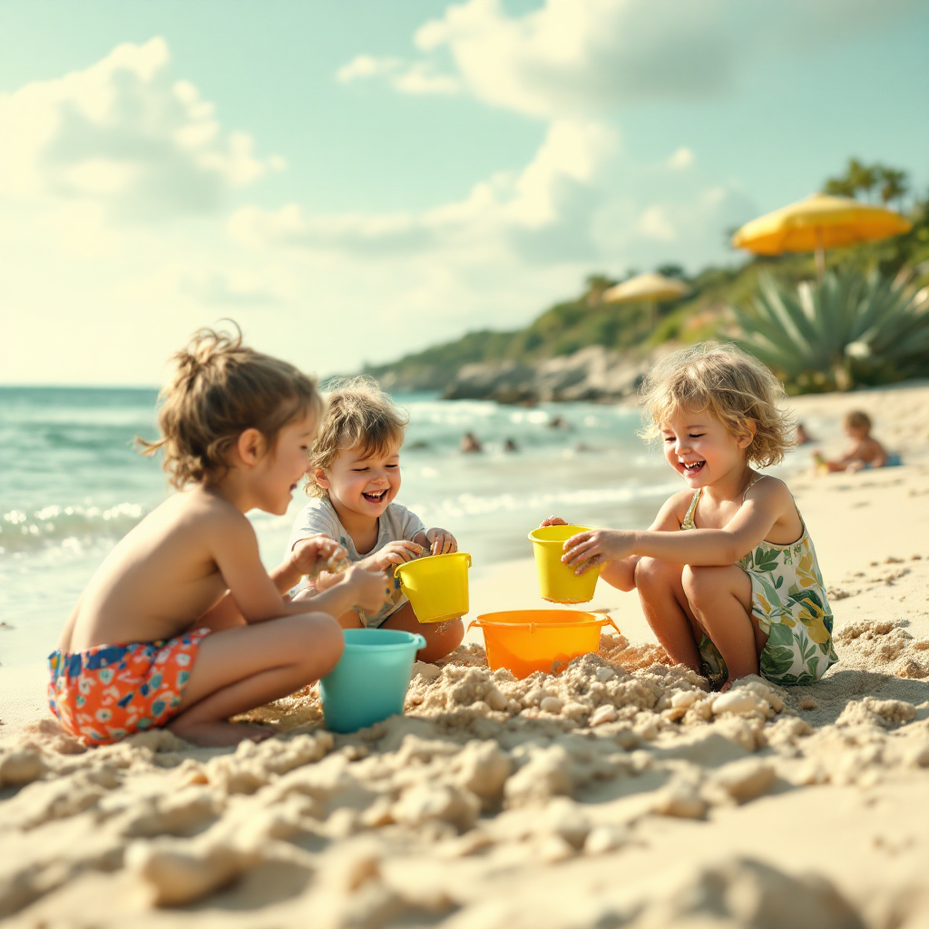 Crianças brincando na praia com baldes coloridos