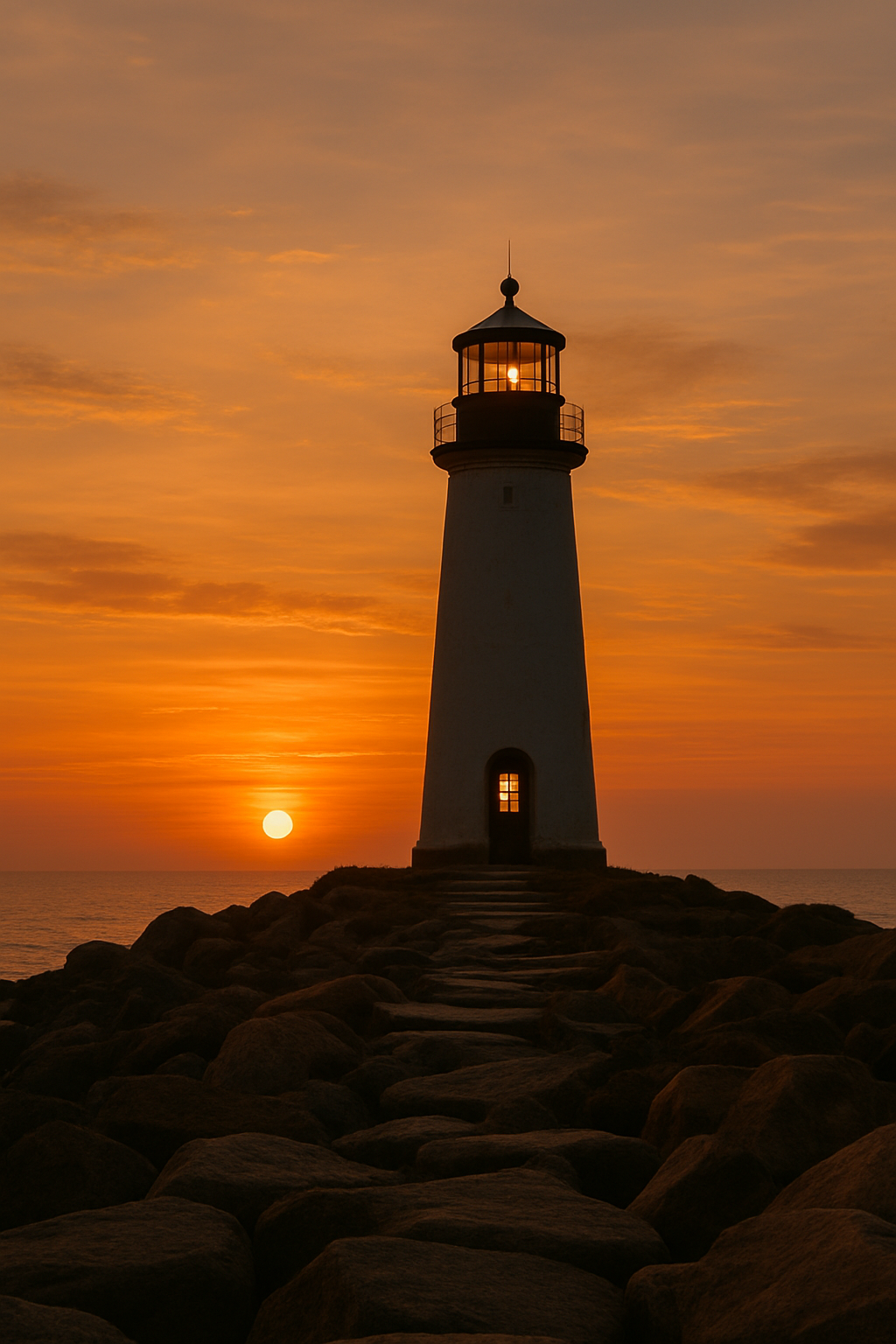 Farol iluminado em uma colina com caminho de pedras