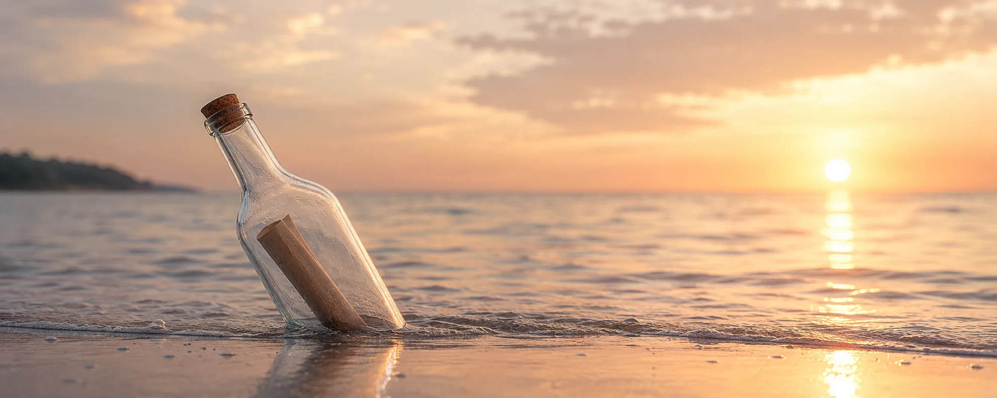 Uma garrafa com uma mensagem dentro, à beira-mar, ao entardecer