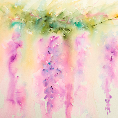 Aquarela de glicínias em tons de rosa e lilás, folhagem suave ao fundo