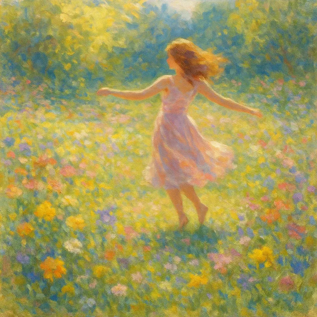 Mulher dançando em prado florido, pintura impressionista